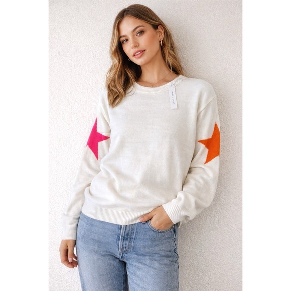 She + Sky Sweaters - She + Sky Star Sleeve Sweater XL White Pullover Pink Orange Star Knit Top